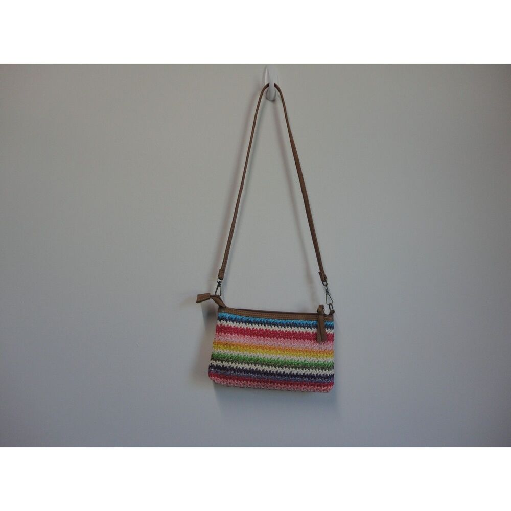 Rainbow Striped Woven Straw Crossbody Bag Leather Strap Boho Summer Purse